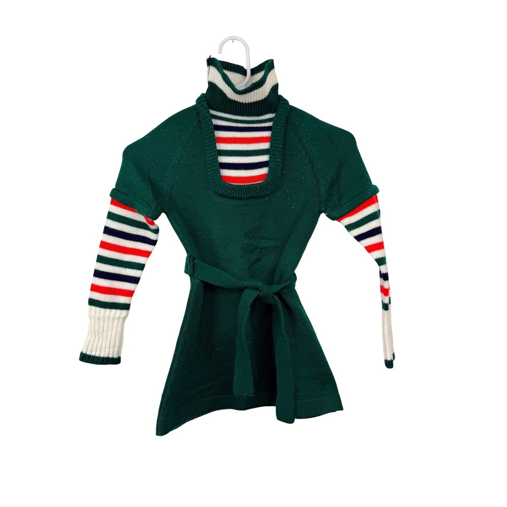Vintage Alyssa Kids Green Knit Sweater Dress Striped Turtleneck Belted 3127